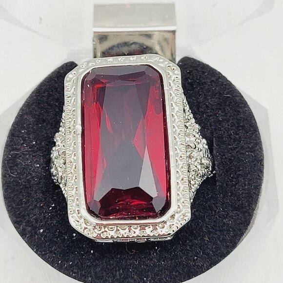 Emerald Cut Red Glass Filigree Ring Sz 7.75 Vintage New Old Stock Silver Tone - Picture 2 of 11